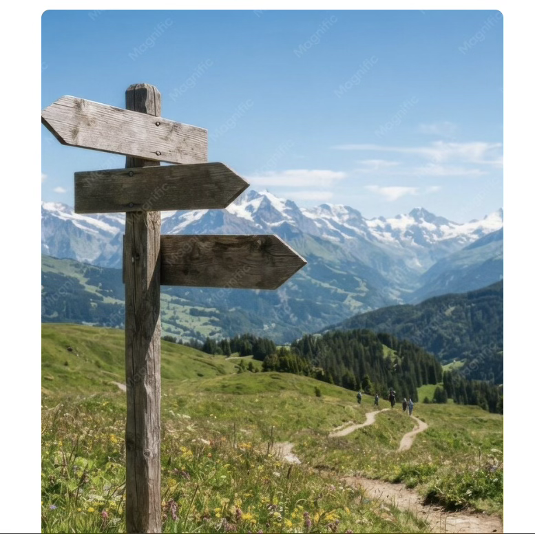 Panneaux de direction en montagne, au début d’un sentier